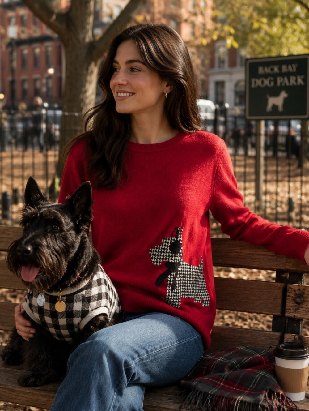 Talbots Red Crewneck Sweater with Houndstooth Scotty Dog Motif Size Large
